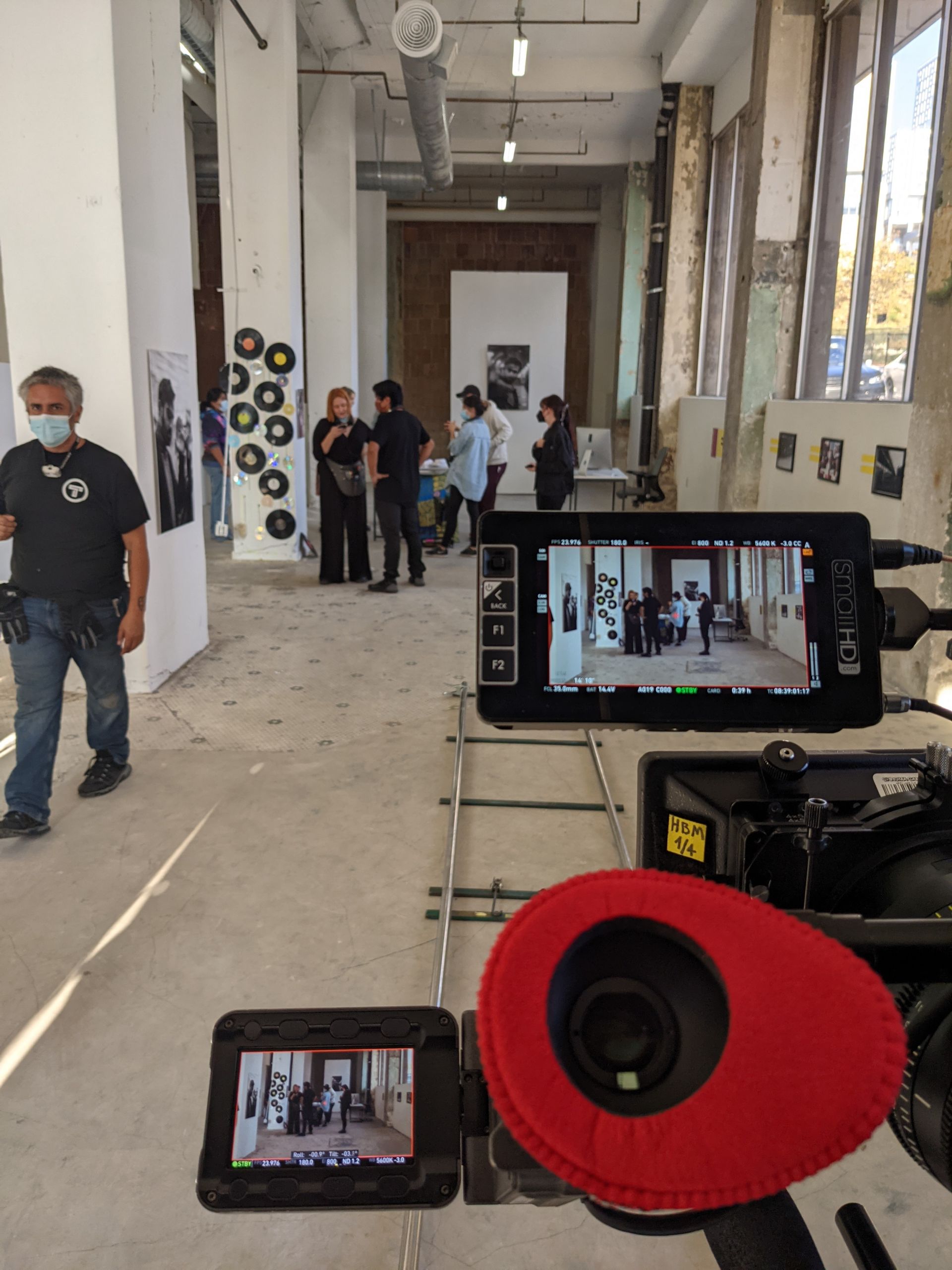 Camera and dolly rig at a gallery shoot